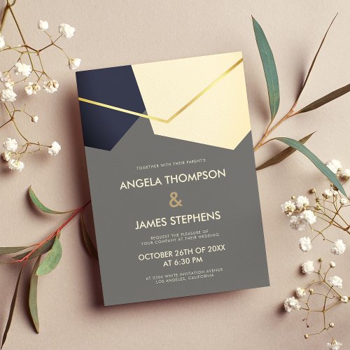 Modern geometric blue ivory gray gold chic wedding invitation