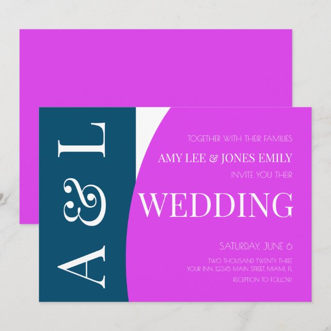 Modern Geometric Blue Magenta Bright Wedding  Invitation (Front/Back)