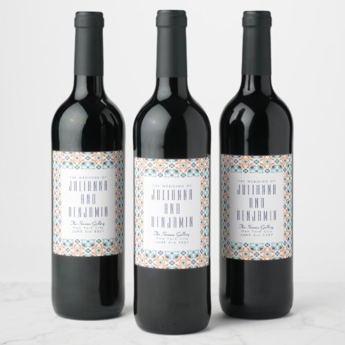 Modern Geometric Blue Orange Custom Wedding Wine Label