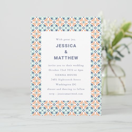 Modern Geometric Blue Orange Moroccan Wedding Invitation