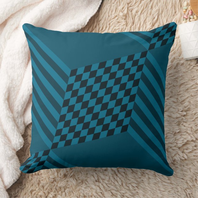 Modern Geometric Blue Stripes Diamond Checkers  Throw Pillow (Blanket)