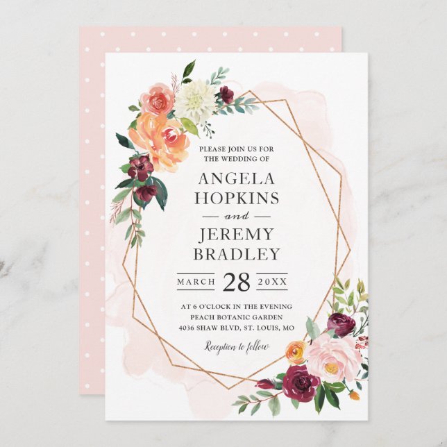 Modern Geometric Blush Bloom Floral Chic Wedding Invitation (Front/Back)