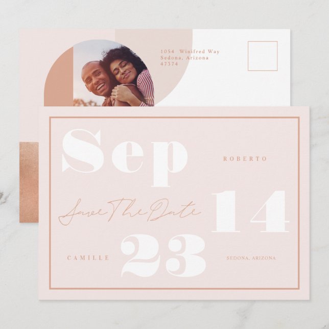 Modern Geometric Blush Bold Print Couple's Photo Save The Date (Front/Back)