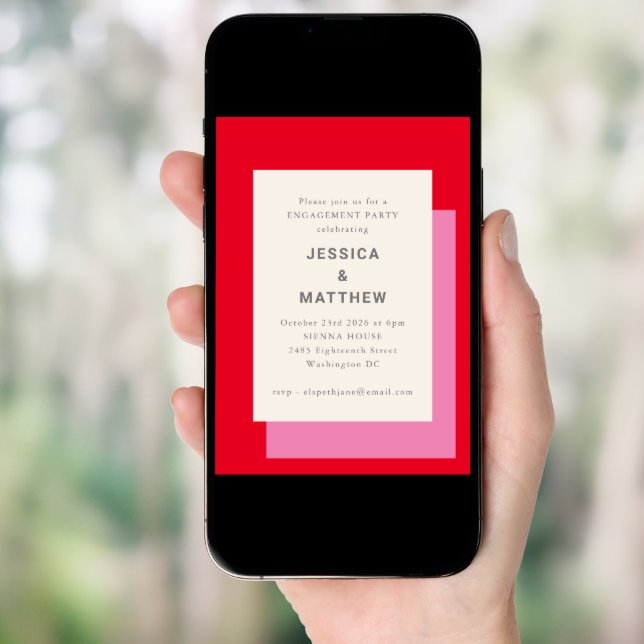 Modern Geometric Bold Pink Red Engagement Party Invitation (Front Digital)