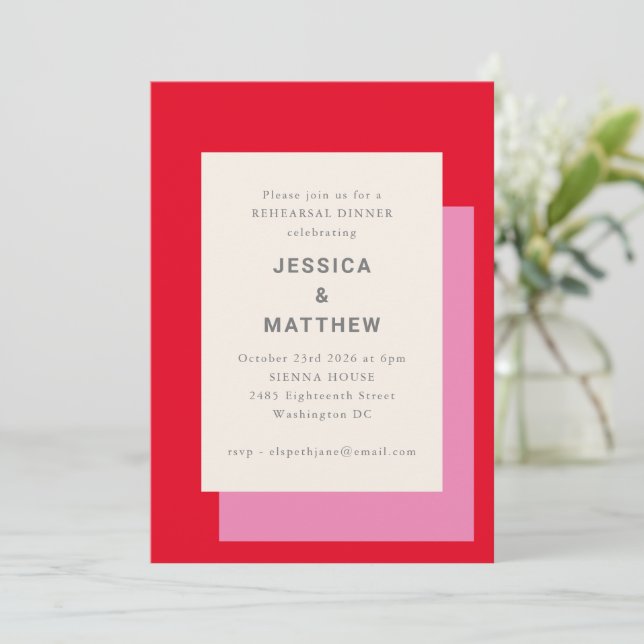 Modern Geometric Bold Pink Red Rehearsal Dinner Invitation (Standing Front)