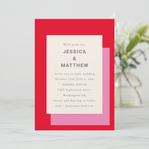 Modern Geometric Bold Pink Red Stylish Wedding Invitation