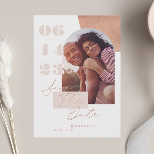 Modern Geometric Bold Print Pink Couple's Photo Save The Date (Modern Geometric Bold Print Pink Couple's Photo Save The Date)