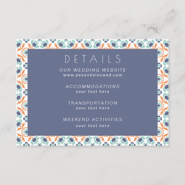 Modern Geometric Botanical Blue Orange Wedding Enclosure Card (Front)