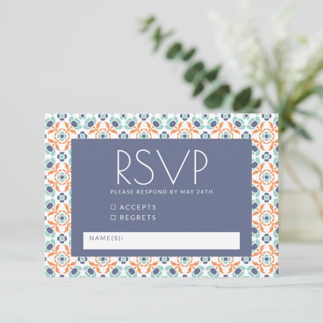 Modern Geometric Botanical Blue Orange Wedding RSVP Card (Standing Front)