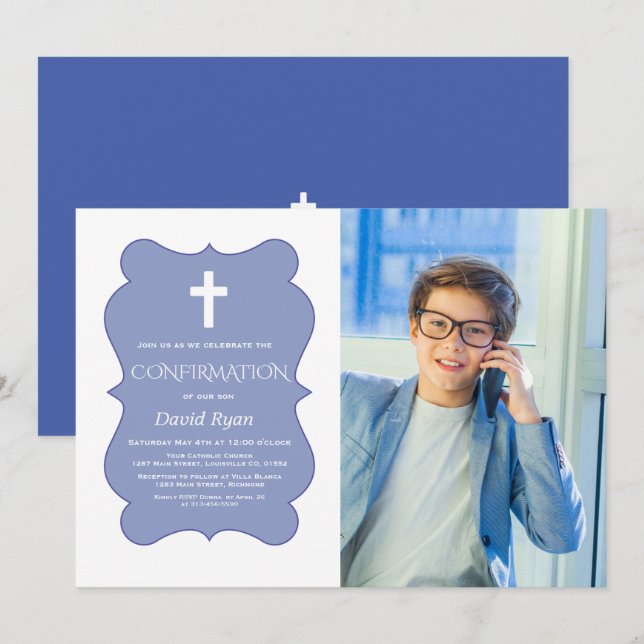 Modern Geometric Boy Photo Gold Confirmation Invitation (Front/Back)