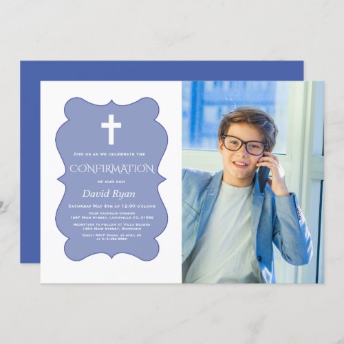 Modern Geometric Boy Photo Gold Confirmation Invitation