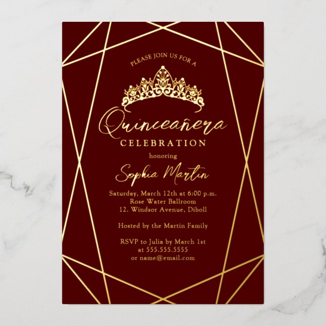 Modern Geometric Burgundy Gold Quinceanera Foil Invitation (Front)