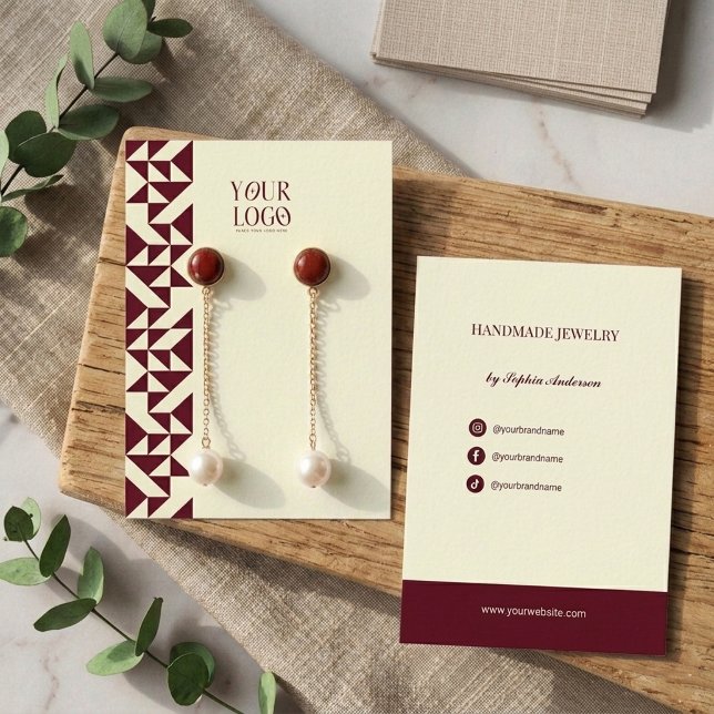 Modern Geometric Burgundy & Ivory Earring Display Business Card (Creator Uploaded)