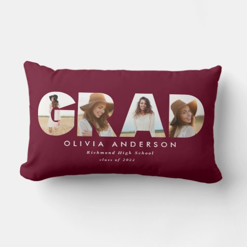 Modern geometric burgundy multi photo graduation lumbar pillow