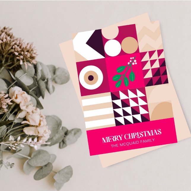 Modern Geometric  Burgundy Pink Christmas Holiday Card (Modern Geometric Pinks and Maroon Holiday Card)