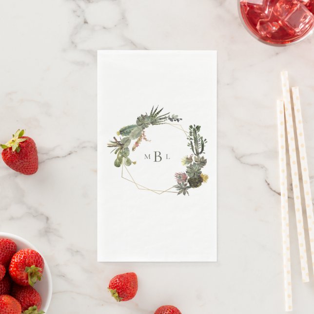 Modern Geometric Cactus Monogram White Custom Paper Guest Towels (Insitu)