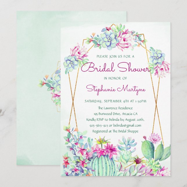 Modern Geometric Cactus Succulents Bridal Shower Invitation (Front/Back)