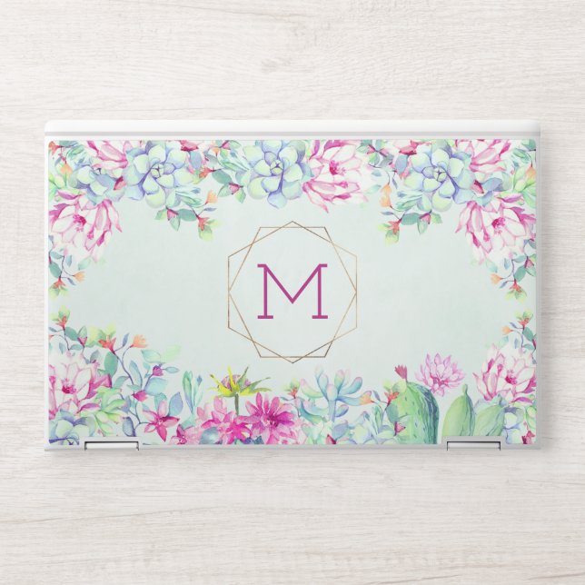 Modern Geometric Cactus Succulents Floral Monogram HP Laptop Skin (Front)