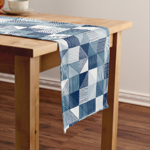 Modern Geometric Checks with Lines, Tonal Blue Long Table Runner