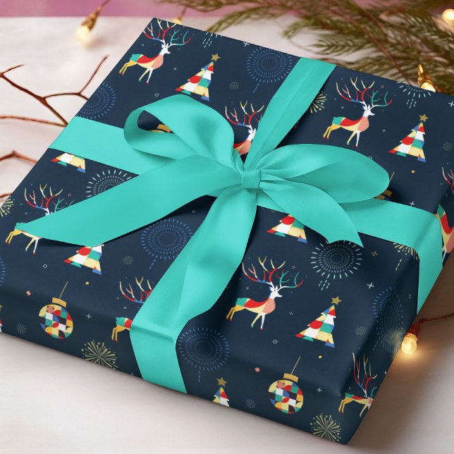 Modern Geometric Christmas Tree Reindeer Wrapping Paper (Creator Uploaded)