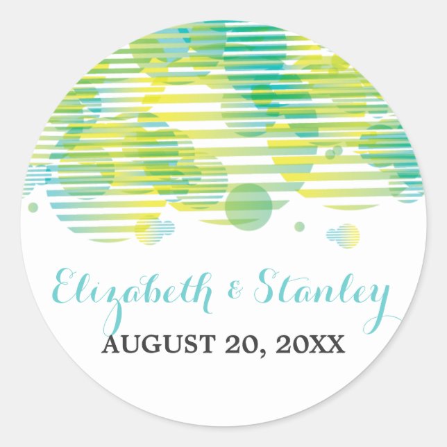Modern geometric circles aqua, yellow wedding classic round sticker (Front)