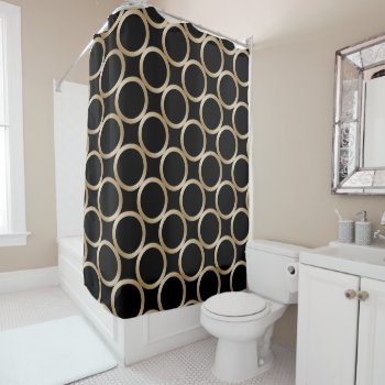 Modern Geometric Circles Trendy Black & Gold Shower Curtain by tattooWears at Zazzle