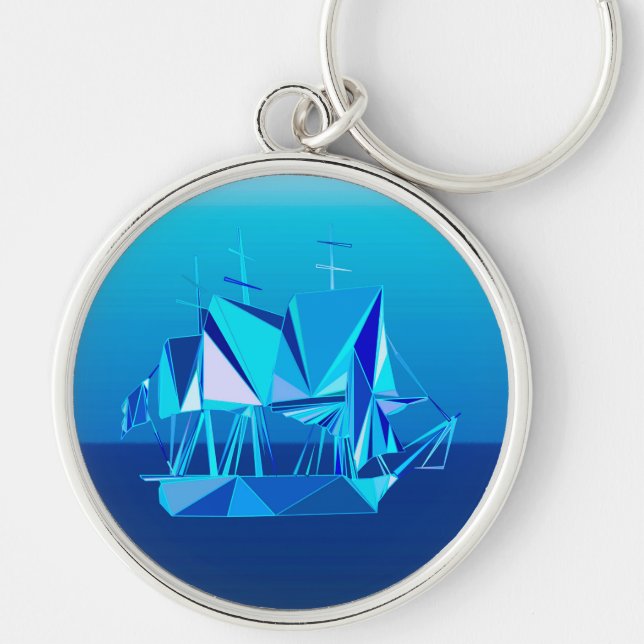 Modern Geometric Clipper Ship, Cobalt Blue Keychain (Front)