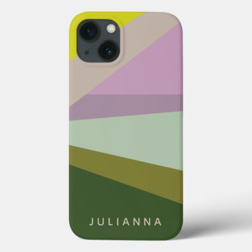 Modern Geometric Color Block Purple Green Name iPhone 13 Case