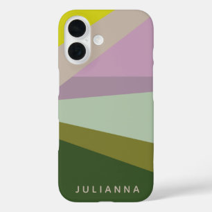 Modern Geometric Color Block Purple Green Name iPhone 16 Case