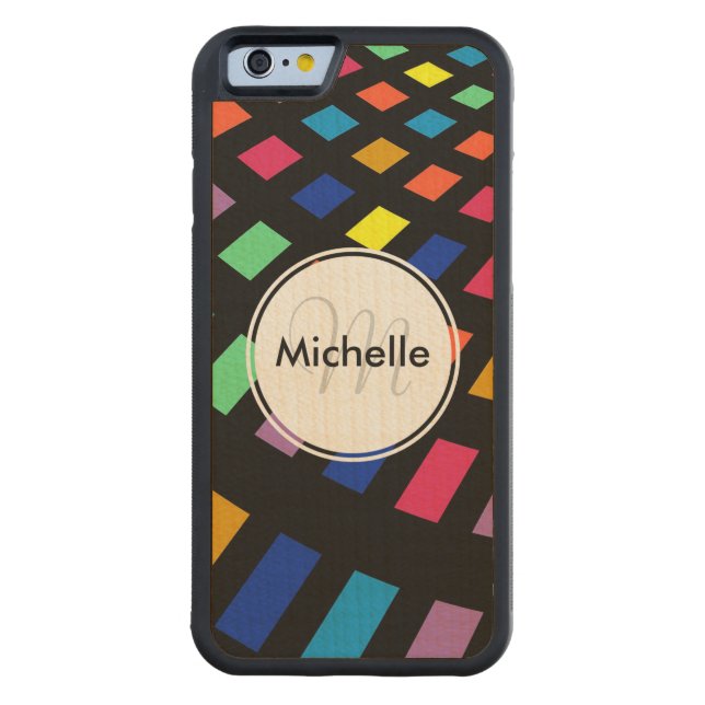 Modern Geometric Colorful Rectangle Pattern Carved Wood iPhone Case (Back)