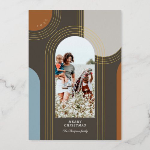 Modern Geometric Concentric Golden Arches 1 Photo Foil Holiday Card