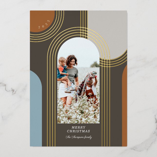 Modern Geometric Concentric Golden Arches 1 Photo Foil Holiday Card (Front)