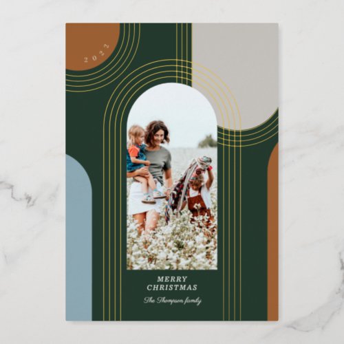 Modern Geometric Concentric Golden Arches 1 Photo Foil Holiday Card