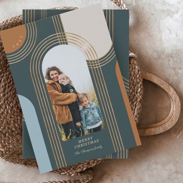 Modern Geometric Concentric Golden Arches 1 Photo Holiday Card (Creator Uploaded)