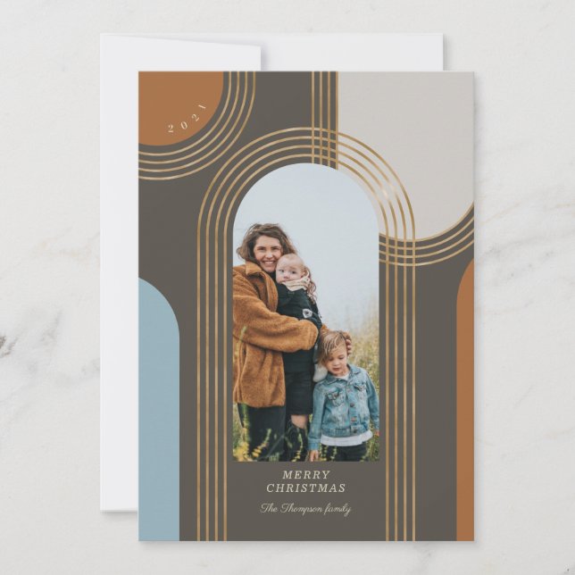 Modern Geometric Concentric Golden Arches 1 Photo Holiday Card (Front)