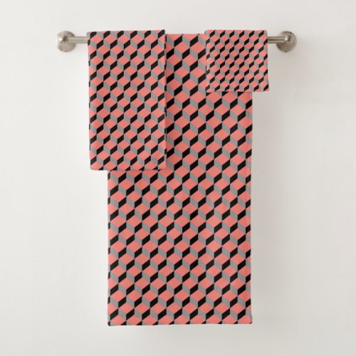 Modern Geometric Coral Black Gray Cube Pattern Bath Towel Set