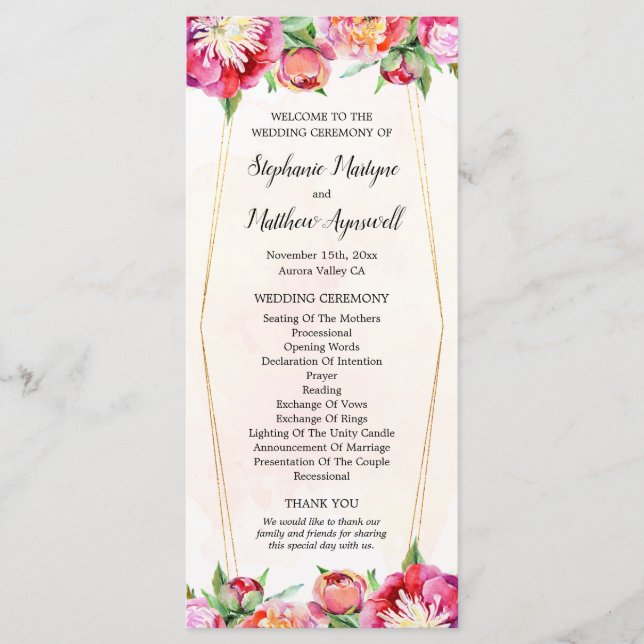 Modern Geometric Coral Red Peony Wedding Ceremony Program (Front)