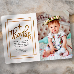 Modern Geometric Cross Photo Baptism Thank You Card