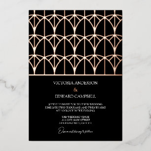 Modern Geometric Deco Black Real Rose Gold Wedding Foil Invitation