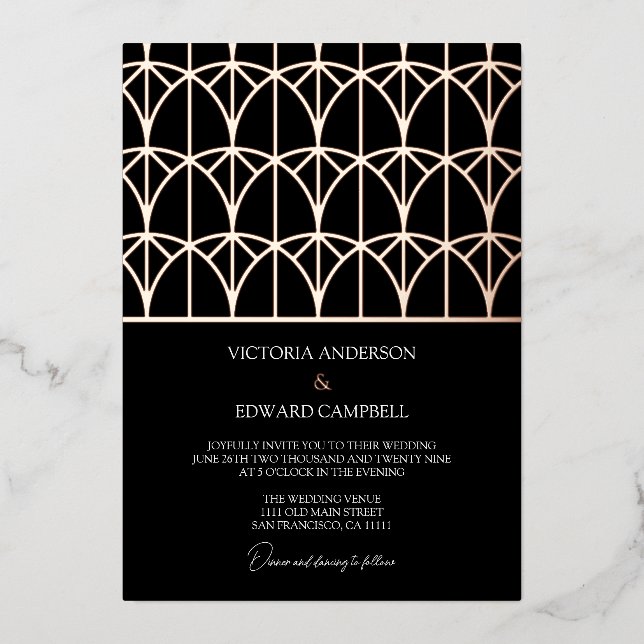Modern Geometric Deco Black Real Rose Gold Wedding Foil Invitation (Front)