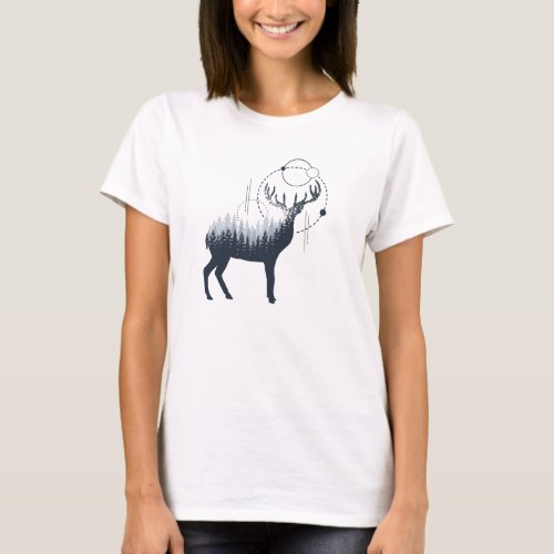 Modern Geometric Deer Forest Double Exposure T_Shirt