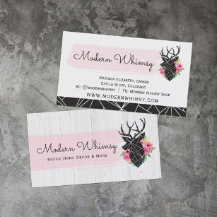 Modern Geometric Deer & Shabby Roses Rustic Wood Business Card