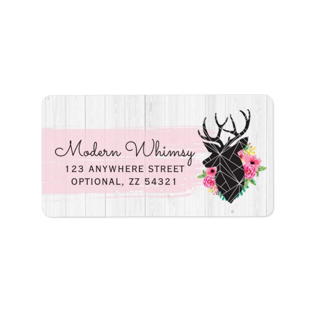 Modern Geometric Deer & Shabby Roses Rustic Wood Label (Front)