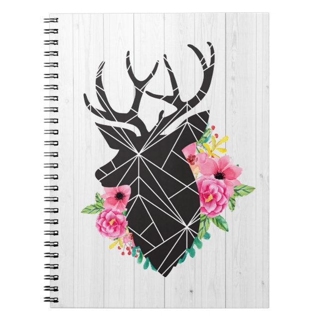Modern Geometric Deer & Shabby Roses Rustic Wood Notebook (Front)