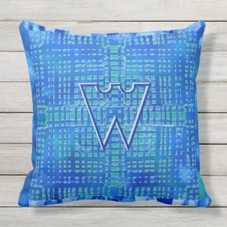 Modern Geometric Design in Blues and Teal Monogram Outdoor Pillow