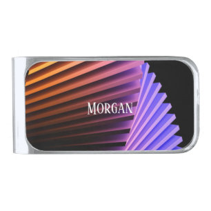 Modern Geometric Design, White Name Silver Finish Money Clip