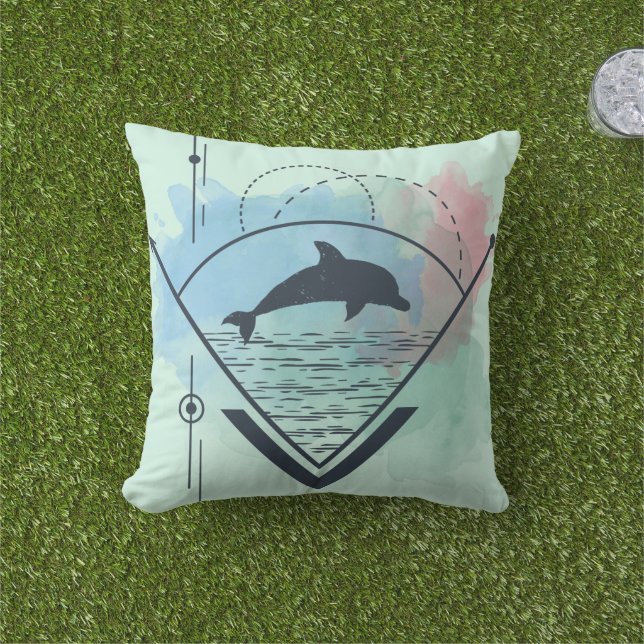 Modern Geometric Dolphin Outdoor Pillow (Grass)