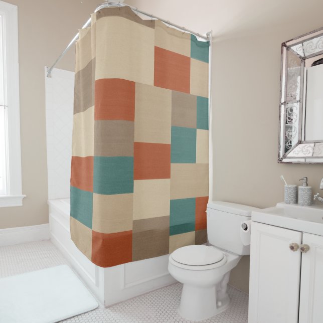 Modern Geometric Earth Tone Pattern Shower Curtain (In Situ)