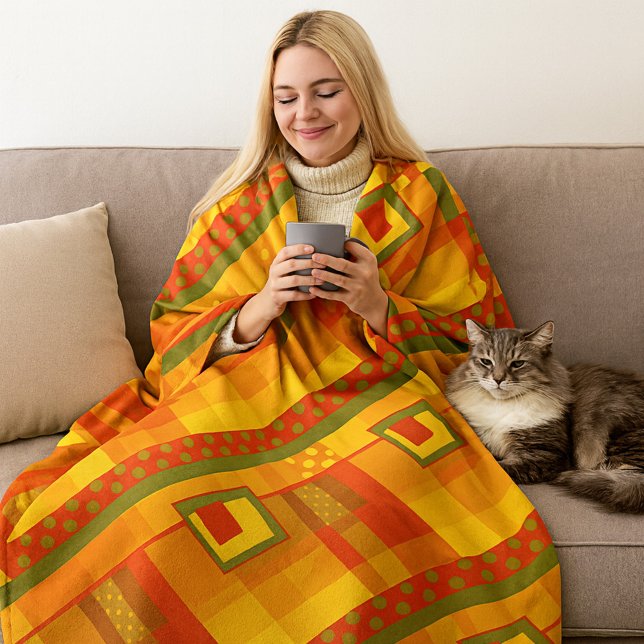 Modern Geometric Fall Color Fleece Blanket (Fleece blanket with a geometric pattern with polka dots in warm fall colors)