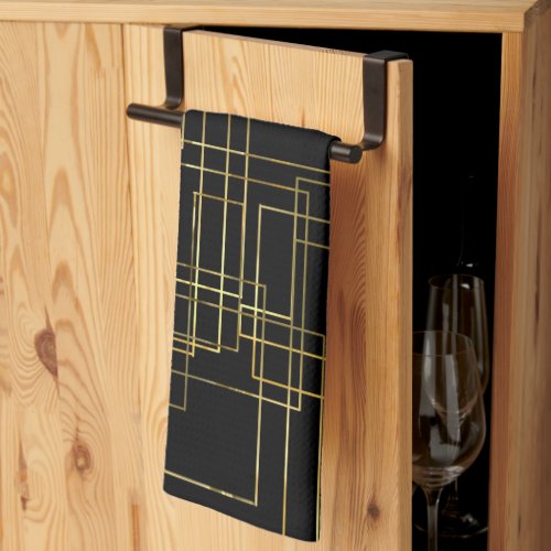 Modern Geometric Faux Gold Labyrinth On black Kitchen Towel